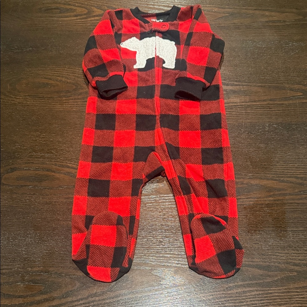 Carter's Red and Black Checkered Footie with Bear Design